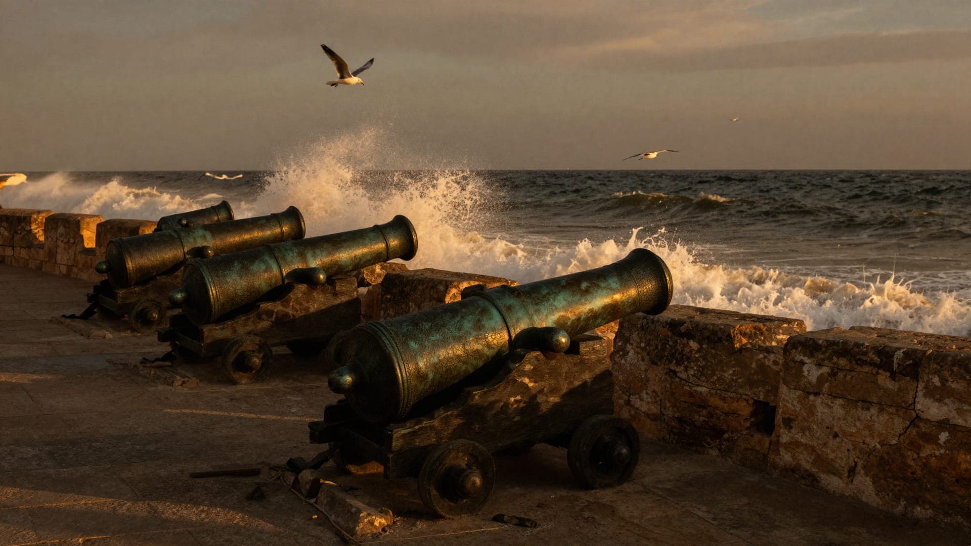I bastioni atlantici di Essaouira contro il cielo del mattino con i gabbiani in volo