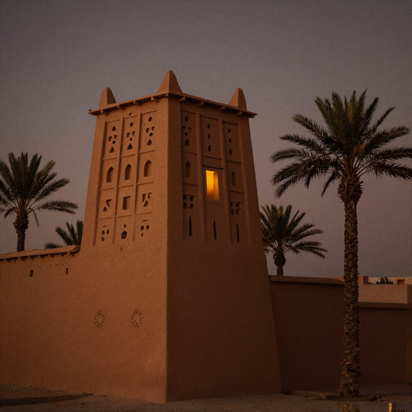 Una kasbah di terra rossa al crepuscolo lungo la Valle del Draa