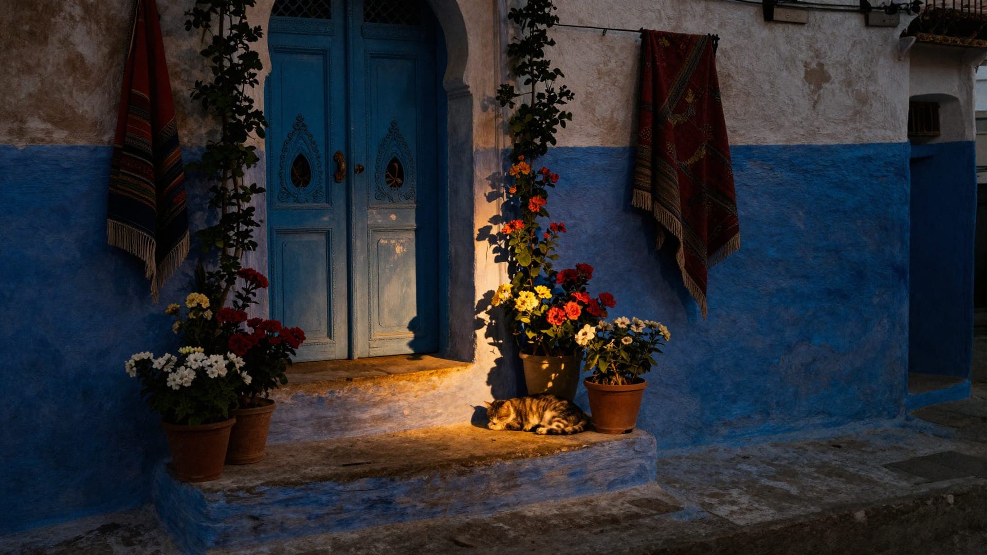 The indigo lanes of Chefchaouen climbing toward the Rif mountains