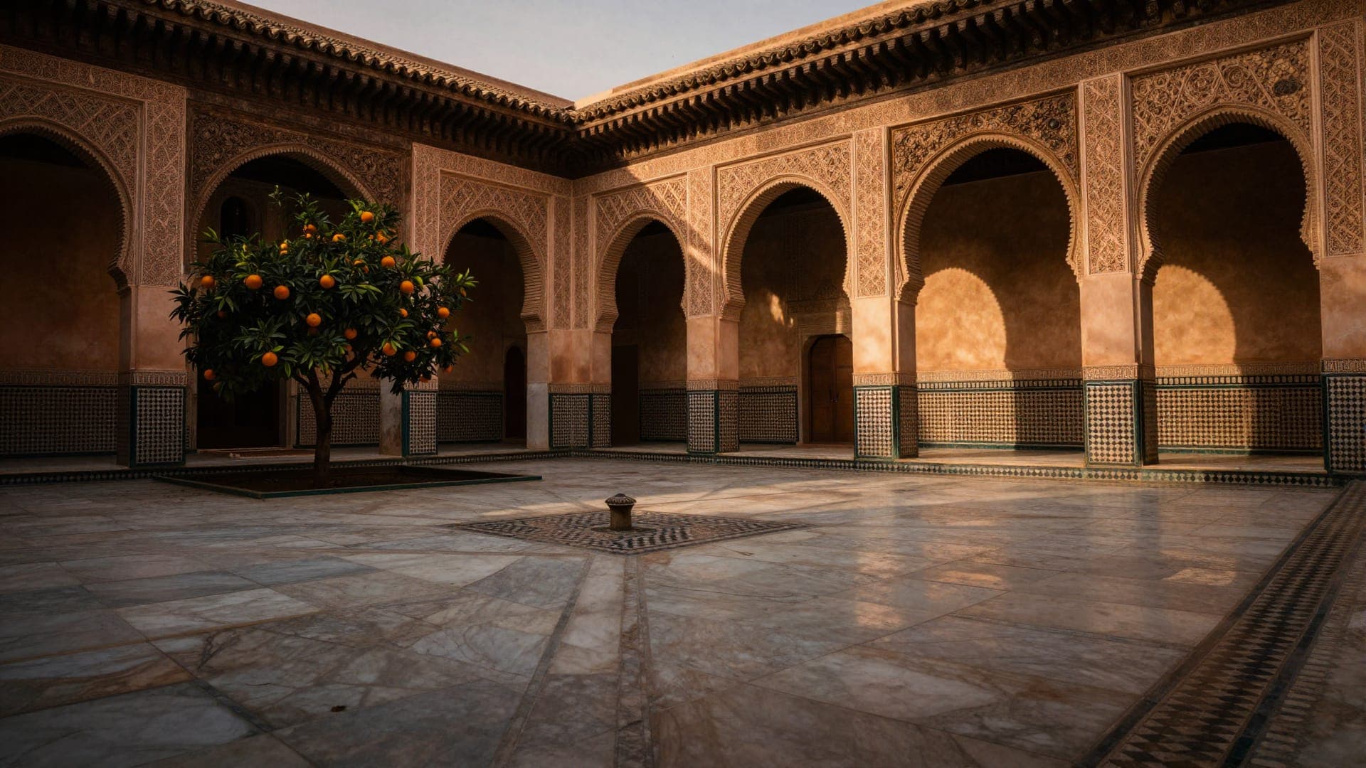 Cortile a zellige della Madrasa Ben Youssef con la luce che cade sui mosaici