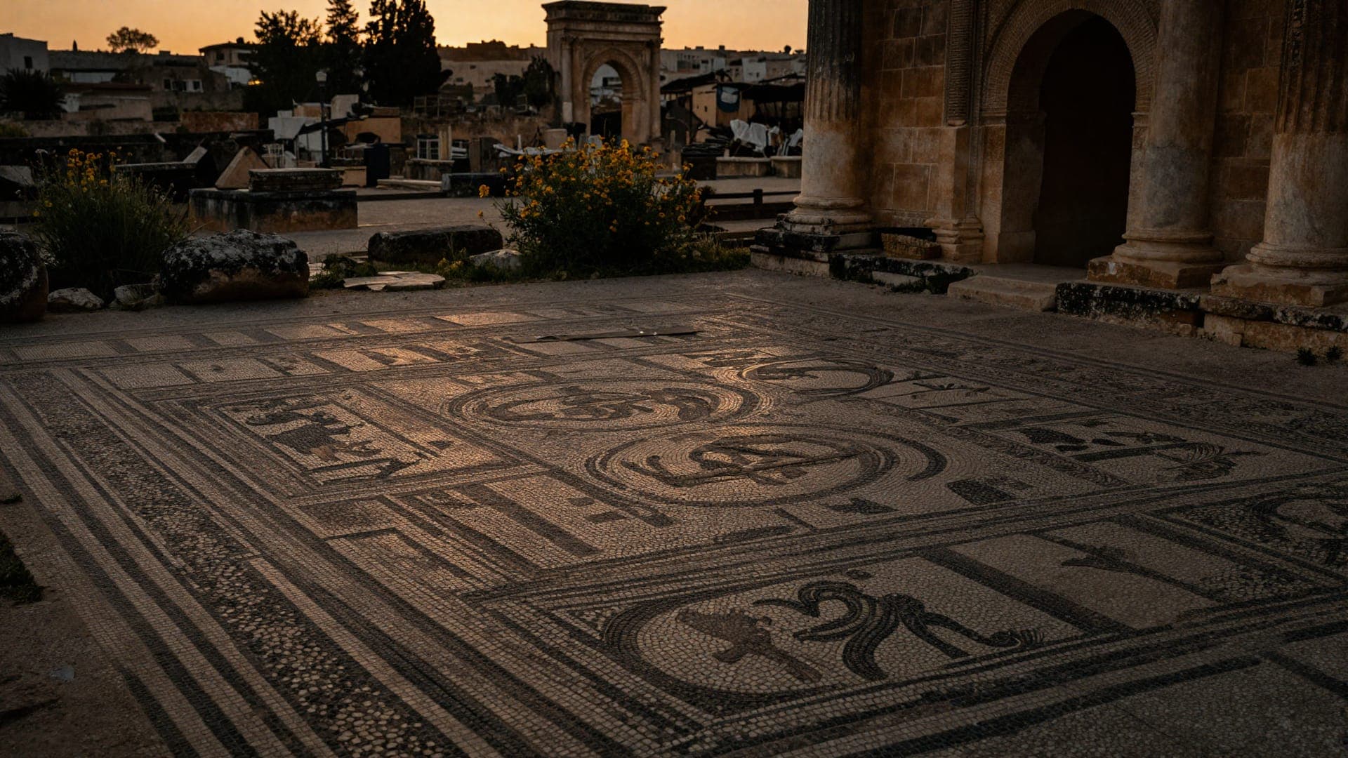Roman columns and arches of Volubilis golden against the cultivated hills
