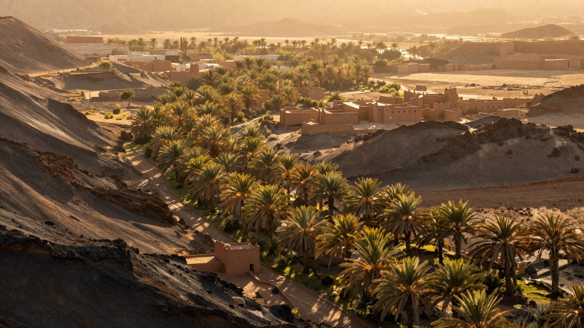 Palmeti e kasbah della Valle del Draa nella luce calda del mattino