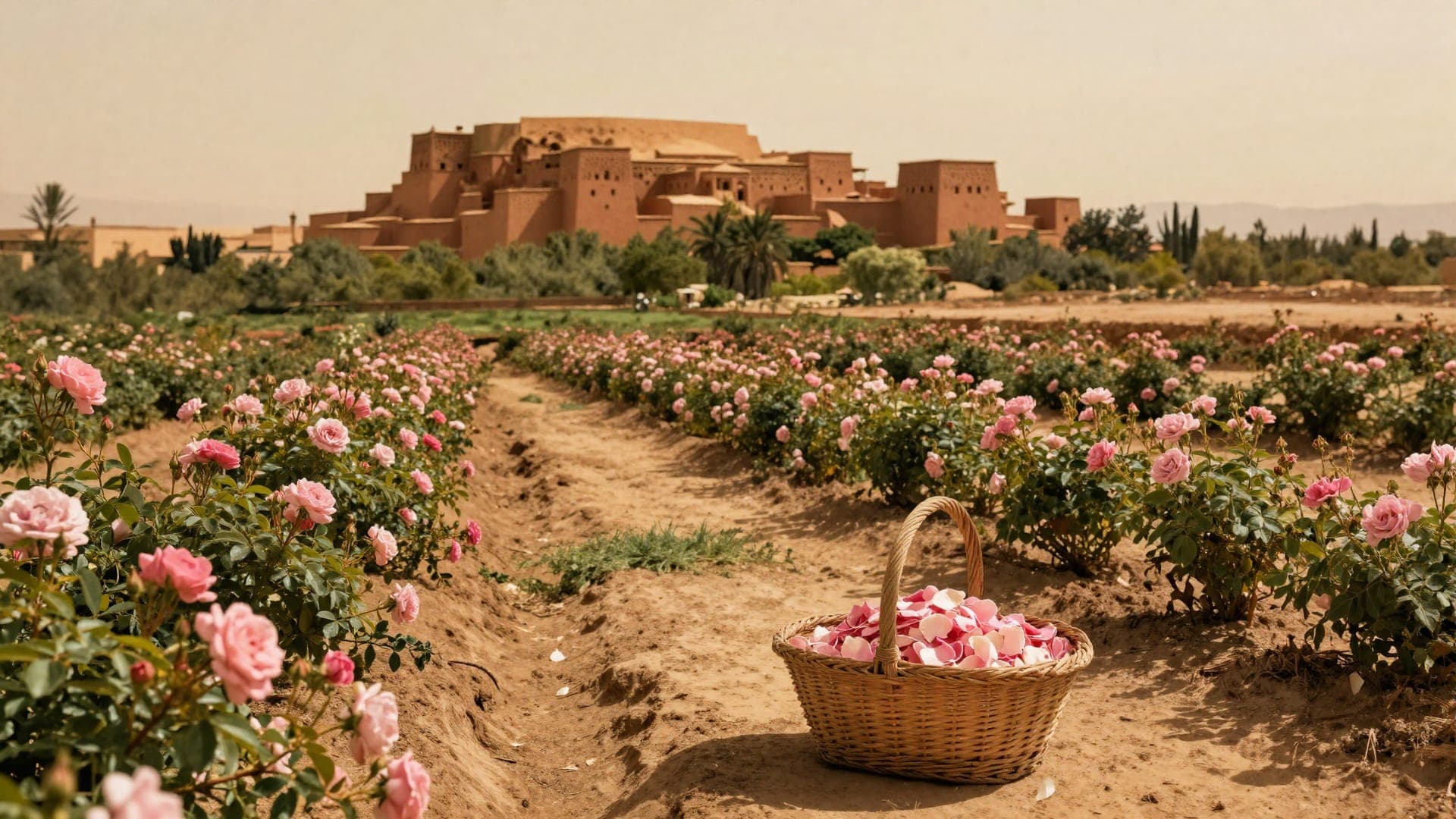Roseti e campi verdi della Valle delle Rose ai piedi delle montagne aride