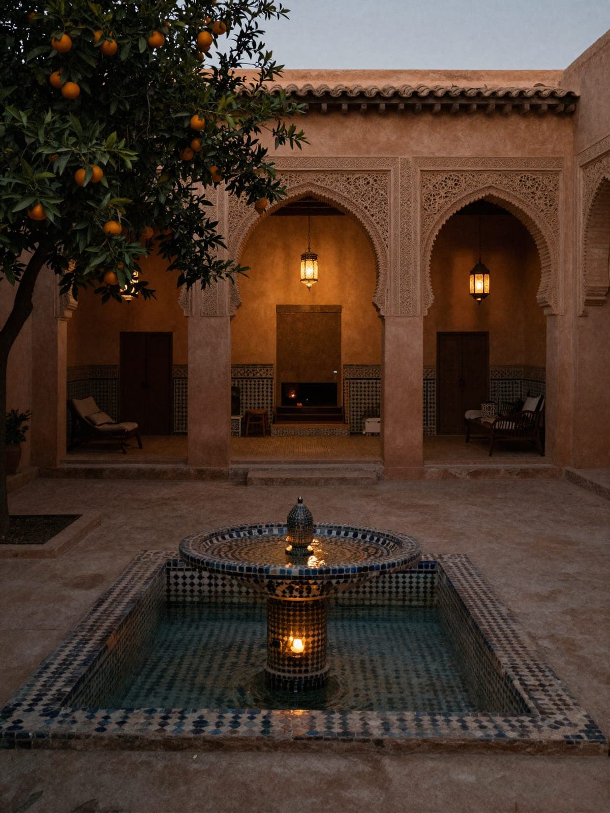 Il cortile fresco di un riad con fontana, ultimo momento di quiete prima della partenza