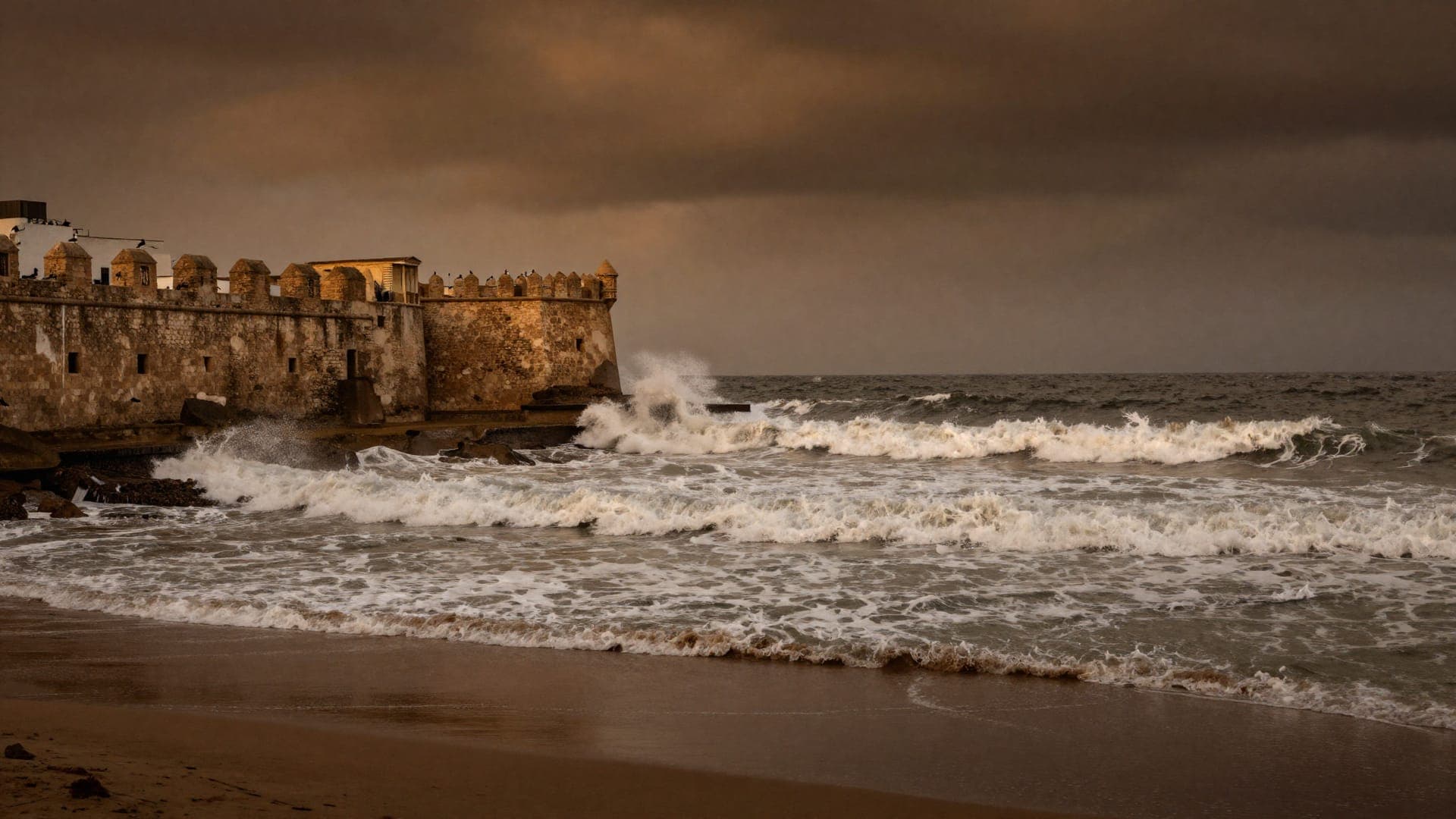 La costa atlantica del Marocco con le onde che si infrangono sugli scogli al tramonto